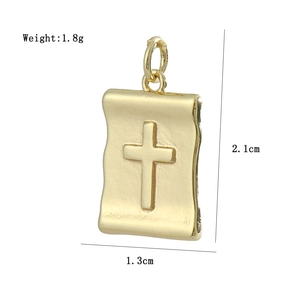 Detail view of a gold-plated Virgin Mary scroll cross pendant showing dimensions and 1.8g weight