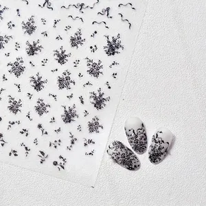 Adesivi per nail art con pizzo floreale nero vintage e fiocchi, modello professionale TO 747