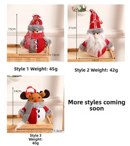 Detailed close-up of knitted Santa, snowman, and reindeer plush Christmas tree ornaments