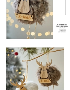 Close-up of Nordic style wooden reindeer ornament with soft faux fur and X-MAS tag