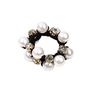 Elegant elastic hair tie with white imitation pearls and golden rhinestone accents