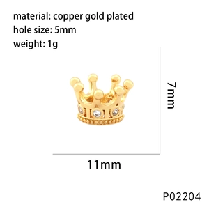 Golden crown spacer bead with cubic zirconia in copper gold plating, size 11mm x 7mm