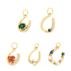 Five 18K gold plated U-shaped pendants with colorful zircon stones in various designs