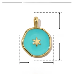 Detailed view of blue enamel star pendant with dimensions 18mm by 13mm on copper base