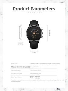 Detailed size chart and specifications for the men's moon phase leather quartz watch