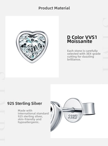 Detailed view of S925 silver earring featuring heart-shaped D color Moissanite stone
