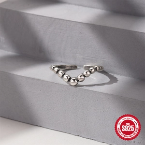 Retro S925 sterling silver V-shape beaded open ring with vintage finish for men and women