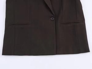 Detail of dark brown double-breasted blazer showing button, welt pockets, and fabric texture