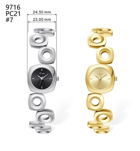 Detail showing two hollow geometric link strap watches in gold and silver finishes