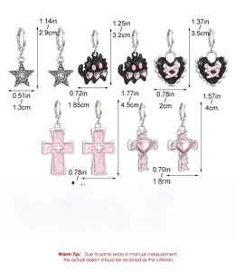 Size chart showing 5 pairs of gothic silver earrings with cross and heart dimensions