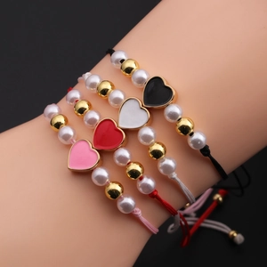 Heart Charm Bracelet Hand Woven Cord With Copper Beads Imitation Artificial Pearls Adjustable Romantic Jewelry For Women
