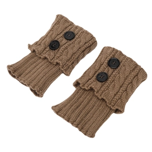 Brown cable knit leg warmers for women with ribbed texture and double button accents