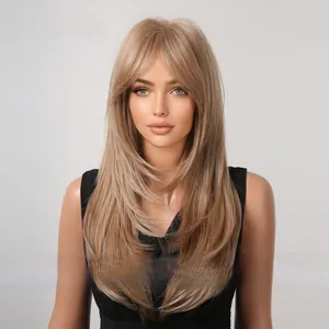 Detailed view of long layered honey blonde wig with stylish bangs and soft hair texture