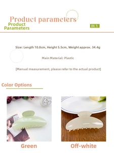 Detailed size parameters of 10.8cm matte plastic half-round hair claw clips in green and cream