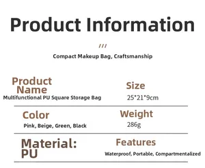 Specifications for PU square cosmetic bag with waterproof features and 25x21x9cm dimensions
