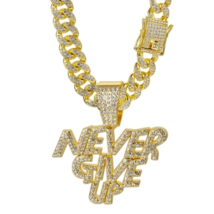 Gold hip hop Cuban link necklace with iced out NEVER GIVE UP letter pendant