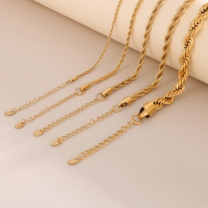 Polished gold vacuum-plated stainless steel twist chains in five various thicknesses