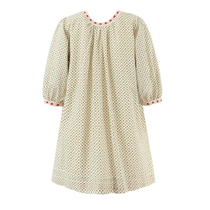 Franse bloemenjurk in crème wit met rode bies en losse midi-stijl silhouet
