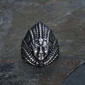 Vintage Egyptian Pharaoh ring for men in silver finish with a punk rock aesthetic