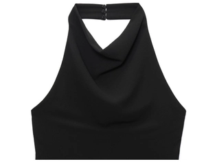 Detail of black cowl neck top with triple button closure on the back neck halter