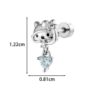 Kawaii diver cat ear stud with light blue heart gemstone and silver finish details
