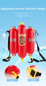 Detail of firefighter backpack water gun with 119 logo and adjustable black straps