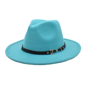 Detail of sky blue wool felt fedora featuring a black band with a gold metal buckle