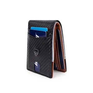 Short RFID carbon fiber bifold wallet for men with multiple card slots and magnetic clip