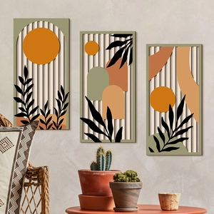 Boho style hollow layered wooden wall art set with abstract sun and leaf designs