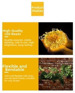 Detail of warm yellow flexible LED copper wire string lights on pine branches