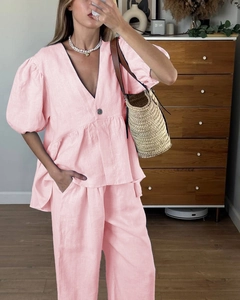 Pink linen v-neck short sleeve shirt and wide-leg trousers casual vacation outfit set