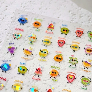 Cute holographic cartoon fruit nail stickers with glitter laser finish for kids