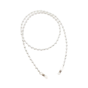 Detail of white faux pearl and clear beaded eyewear chain with adjustable silicone loops