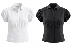 Flat lay of retro puff sleeve blouses in black and white featuring a slim waist cut