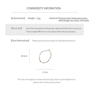 Detailed size specifications for pearl and tiger eye stone beaded necklace in titanium steel
