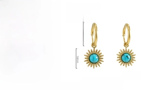 Detail of gold sunburst earrings in titanium steel with turquoise stones and dimensions