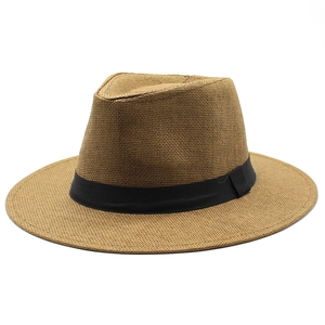 Classic brown straw panama hat with black ribbon, wide brim sun protection fedora
