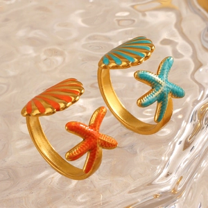 Starfish and seashell gold open ring with colorful enamel for beach vacation