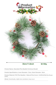 Detail of Christmas wreath with 30cm outer diameter pine needles and natural cones