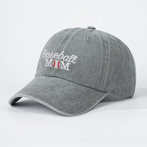 Dark grey washed cotton baseball cap with Baseball MOM embroidery and curved brim