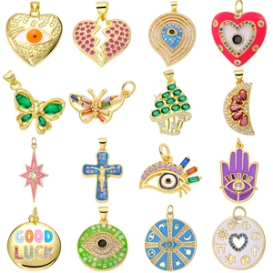 Gold Plated Copper Cubic Zirconia Enamel Evil Eye Hamsa Hand Heart Butterfly Cross Star DIY Charms Pendants Jewelry Making