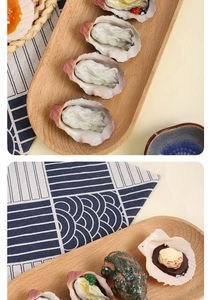 Detailed realistic oyster food model with garlic sauce on a rustic wooden tray