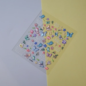 Detailed macro view of 3D laser butterfly and flower nail stickers in Co-045 style