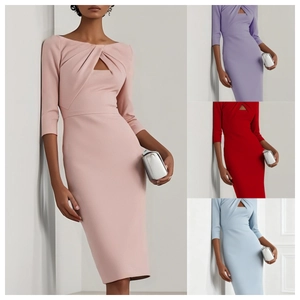 Vestido Midi Poliéster Elástico Cuello Hueco Torsión Manga Larga Media Ajustado Elegante Vestido De Fiesta Cóctel