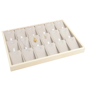 Wooden 18-grid necklace and pendant display tray with soft beige velvet lining