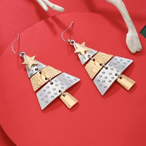 Handmade oversized Christmas tree earrings with star charm and golden metal alloy hooks