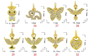 Detailed view of 18K gold plated micro-pave zircon charms with exact size measurements