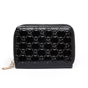 Unisex black leather accordion card holder with embossed texture and gold zipper closure
