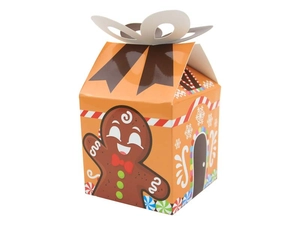 Detailed view of orange gingerbread man gift box with festive patterns and ribbon closure