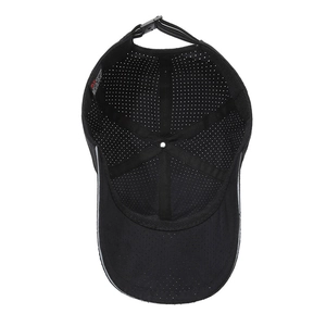 Breathable black mesh baseball cap with reflective strip and adjustable buckle strap